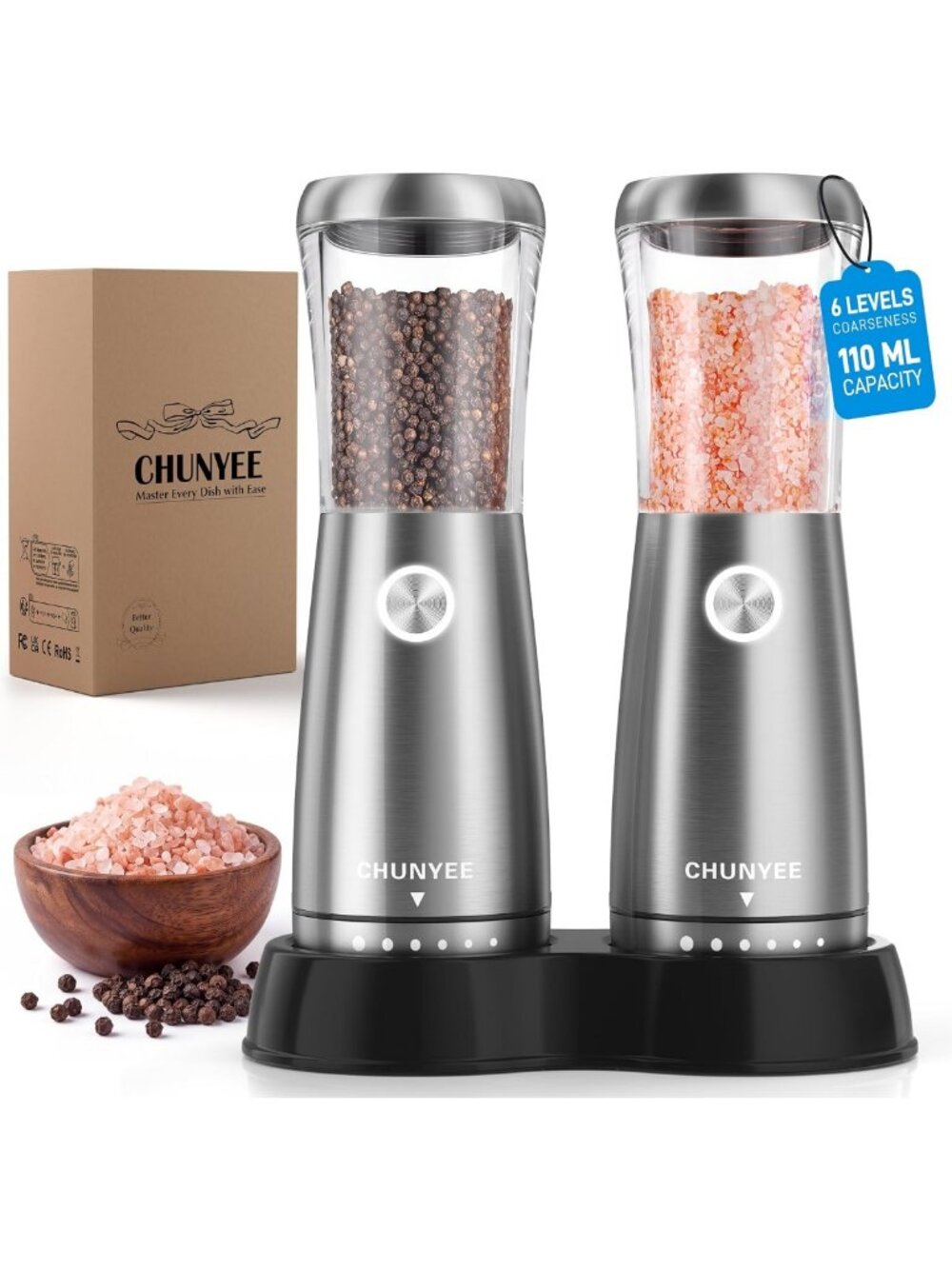 Automatic Stainless Steel Salt & Pepper Grinder Set - Rechargeable, LED Light
